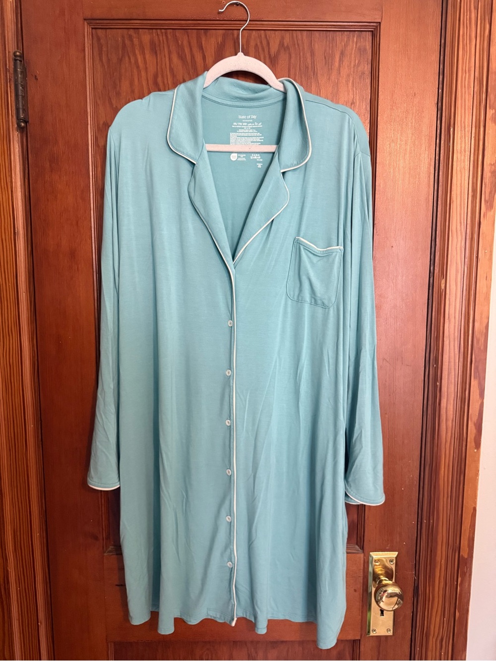 State of Mind Long Teal Button-Front Sleep Shirt with White Piping Size XXL